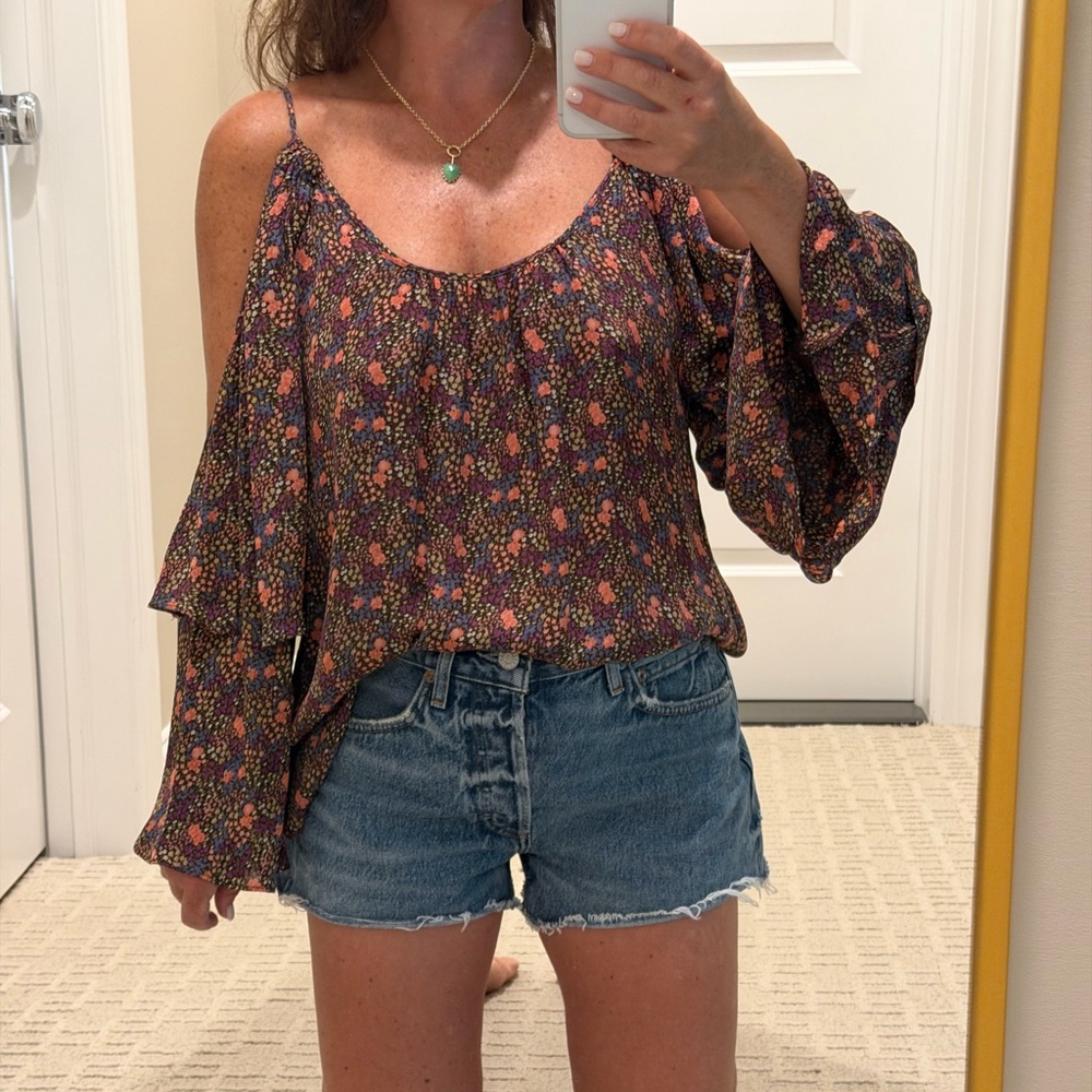 Parker Cold-Shoulder Floral Blouse in Black with Multicolor Print